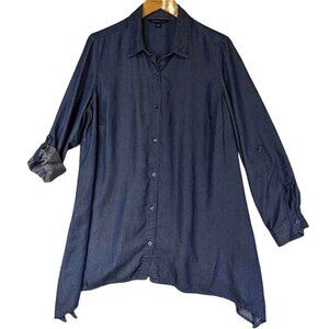 Zac & Rachel Denim Top Womens‎ 1X Blue Button Up Tunic Roll Tab Sharkbite Hem